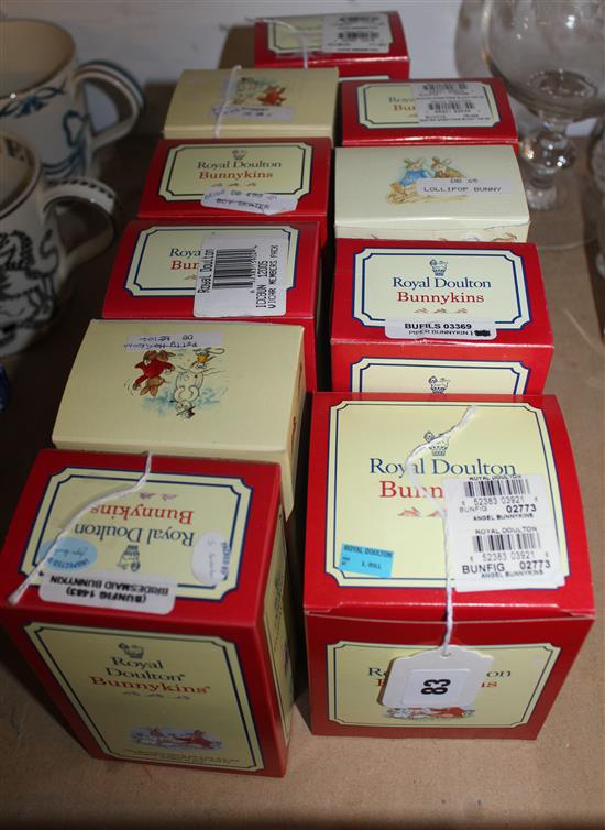 10 Royal Doulton boxed Bunnykins, Angel, Vicar, Choir, Easter Greetings, Bride, Groom, Bridesmaid, Lollipop, Rise & Shine & Piper